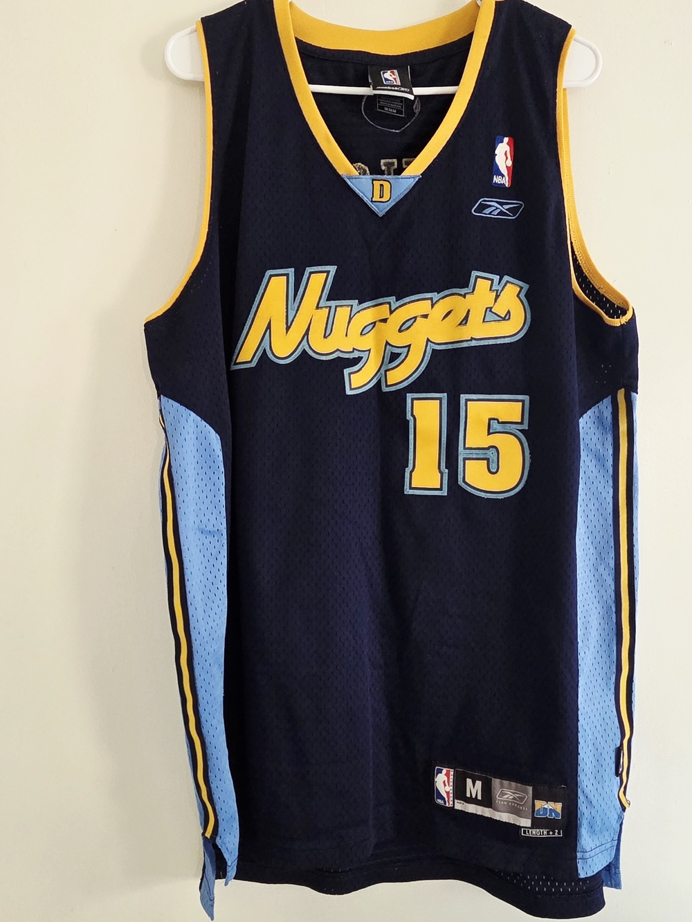 Reebok Nuggets #15 Navy, Light Blue & Gold Basketball Jersey